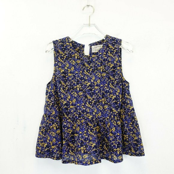 CURRENT ELLIOTT Navy Blue Floral Peplum Tank Top 2 XS Round Neck Pleated $178 - Picture 2 of 9